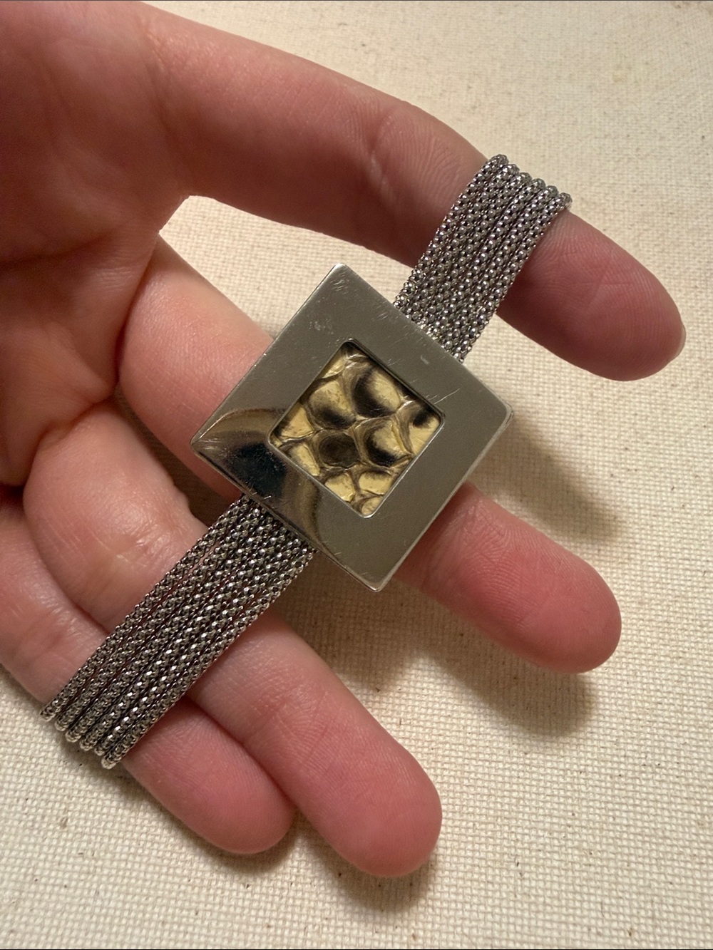 Sterling Silver 925 Mesh Bracelet with animal print Accent Square Center 7.5’ in
